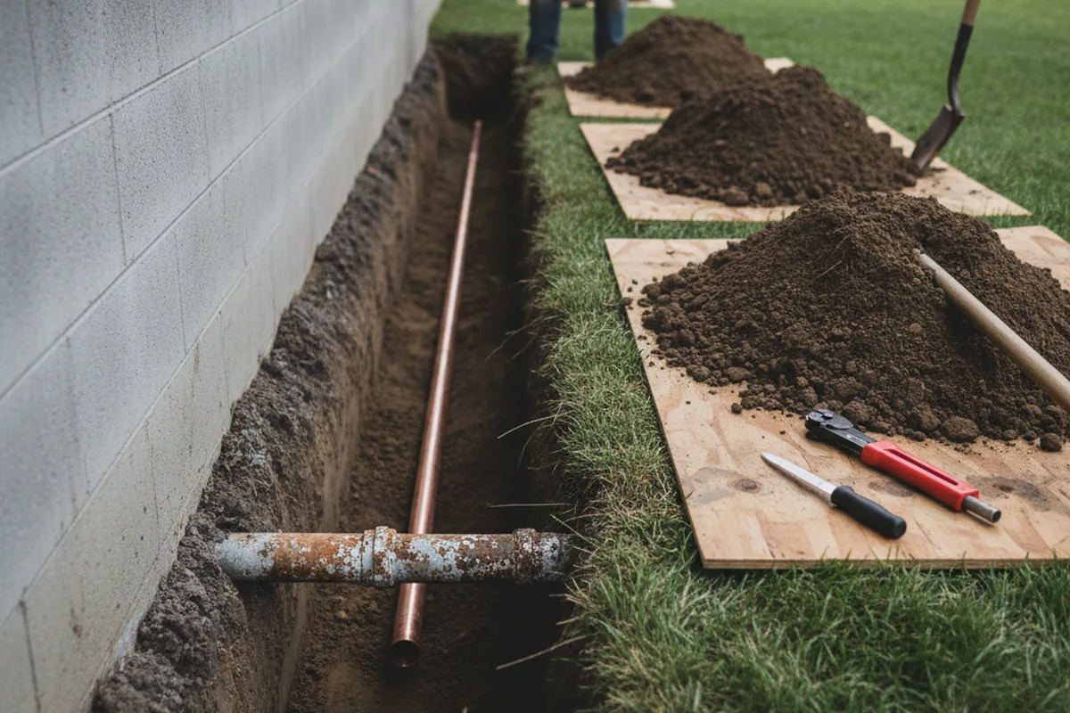 Excavated water line trench during Water Softener Installation in De Mossville